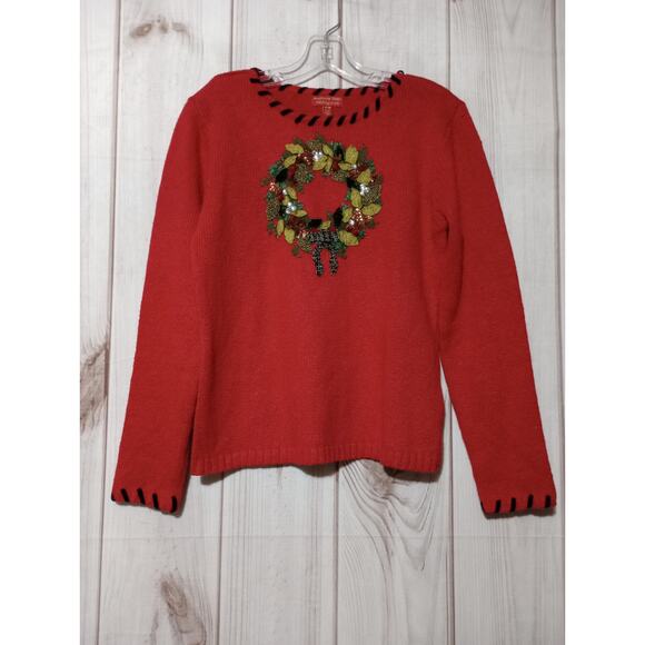 Christmas Sweater Ladies Medium Red Wreath‎ Vintage - Picture 1 of 7